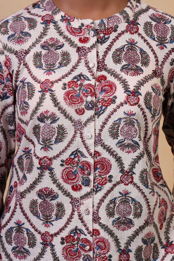 Folksong Ecru Floral Fabric Origami Hand Block Printed Cotton Tunic