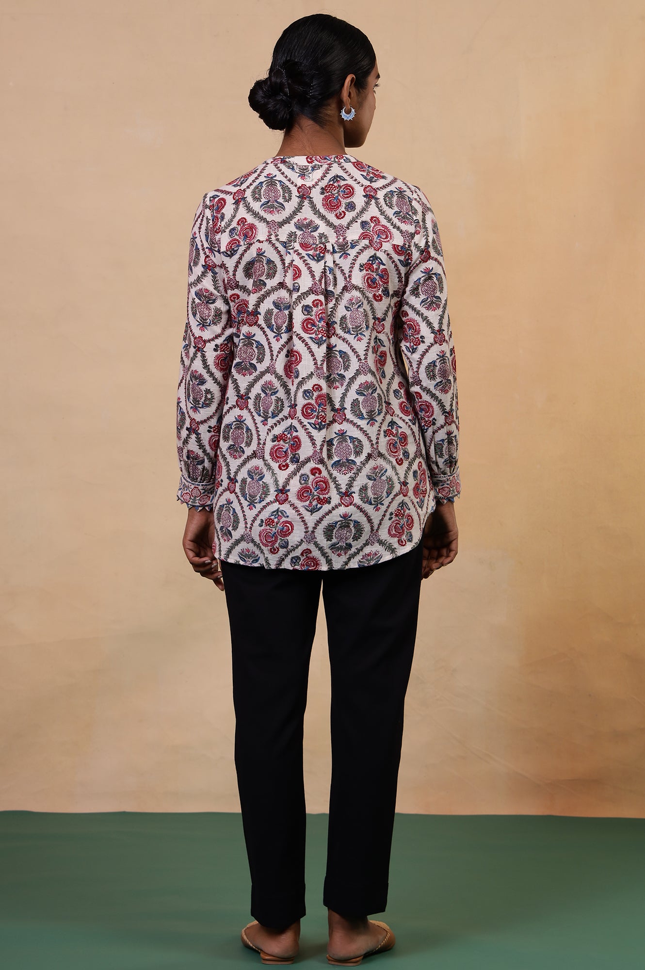 Folksong Ecru Floral Fabric Origami Hand Block Printed Cotton Tunic