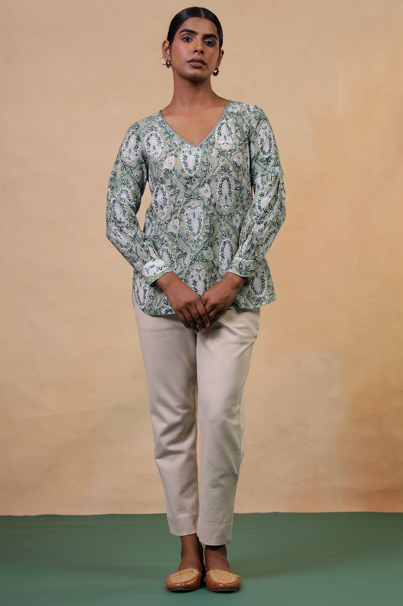 Folksong Tea Green Cotton Straight-Fit Floral Hand Block Printed Top