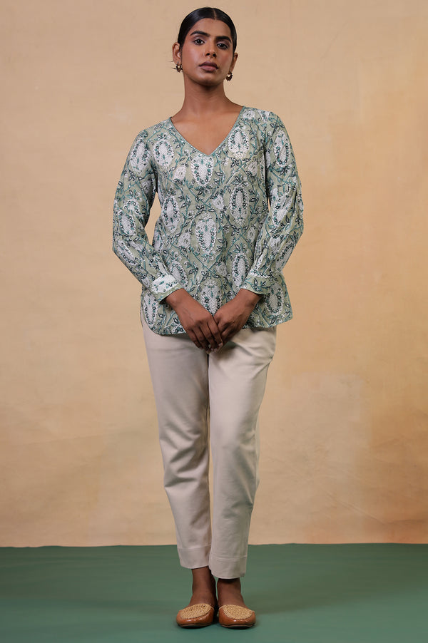 Folksong Tea Green Cotton Straight-Fit Floral Hand Block Printed Top