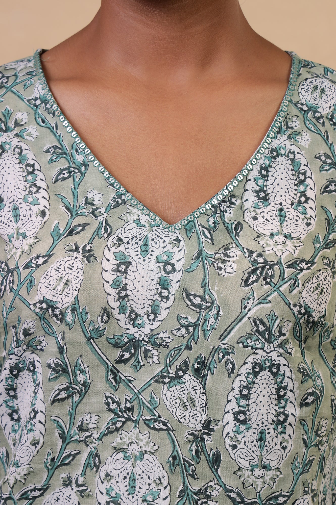 Folksong Tea Green Cotton Straight-Fit Floral Hand Block Printed Top
