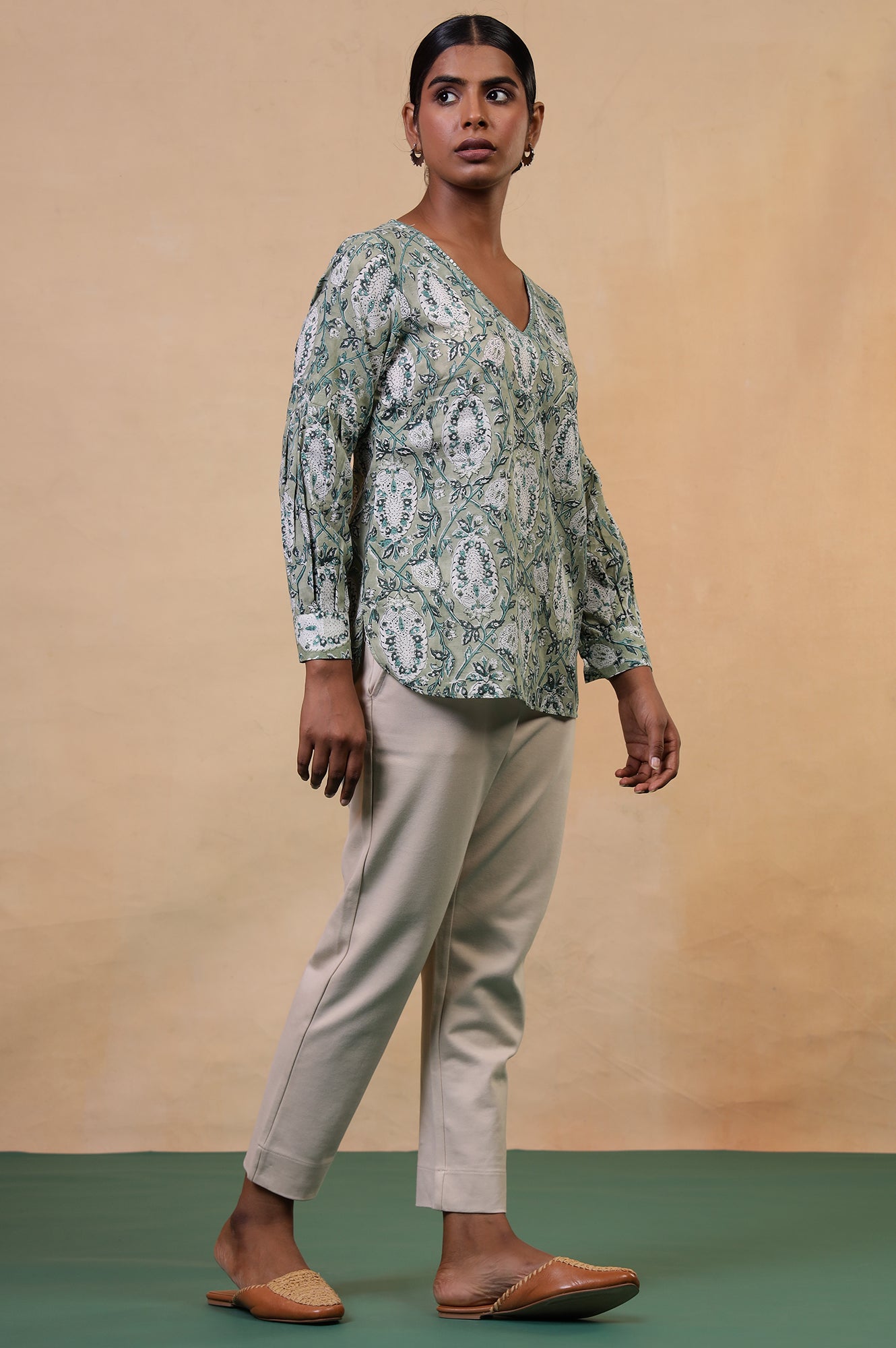 Folksong Tea Green Cotton Straight-Fit Floral Hand Block Printed Top