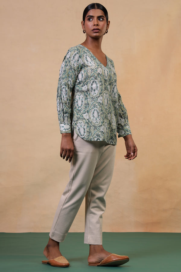 Folksong Tea Green Cotton Straight-Fit Floral Hand Block Printed Top