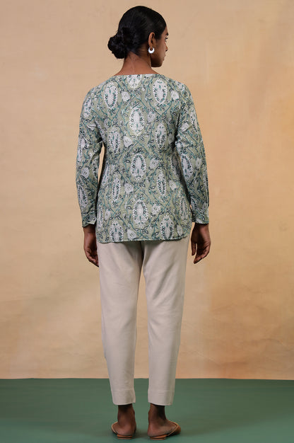 Folksong Tea Green Cotton Straight-Fit Floral Hand Block Printed Top
