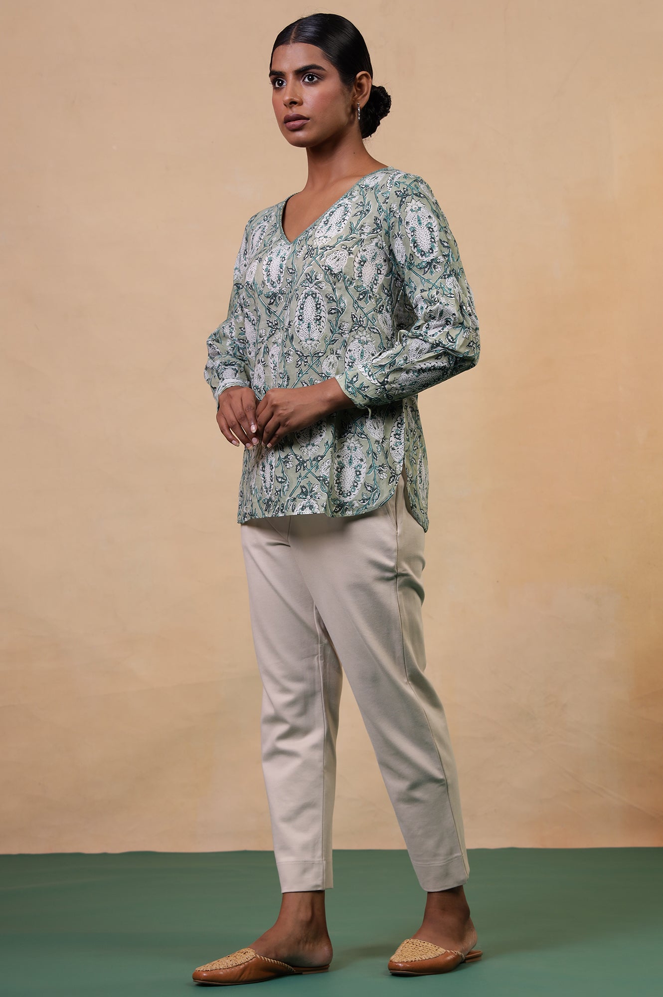 Folksong Tea Green Cotton Straight-Fit Floral Hand Block Printed Top