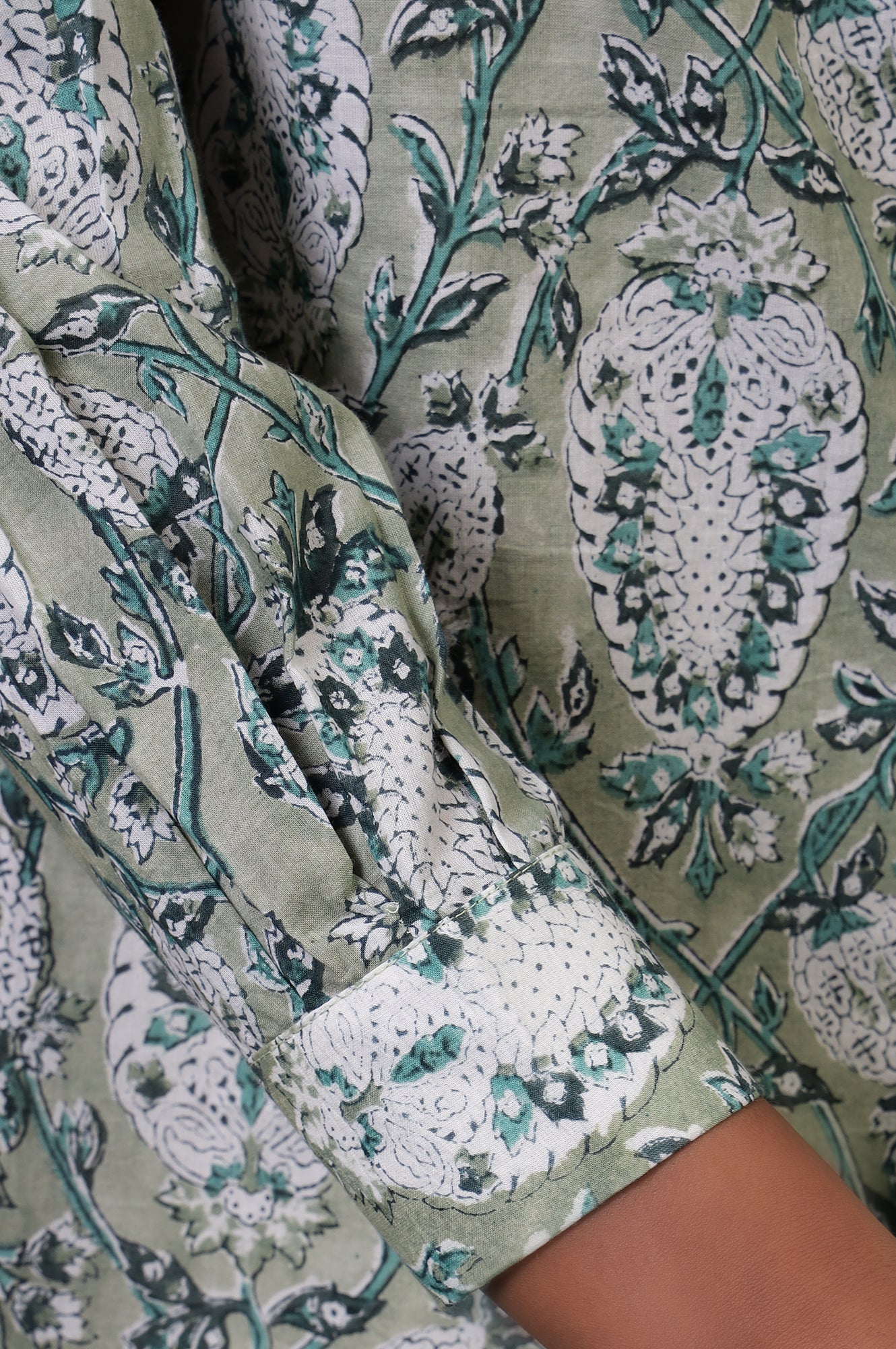 Folksong Tea Green Cotton Straight-Fit Floral Hand Block Printed Top