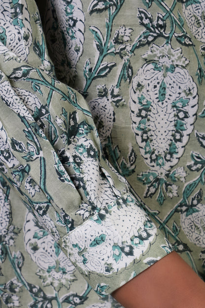 Folksong Tea Green Cotton Straight-Fit Floral Hand Block Printed Top