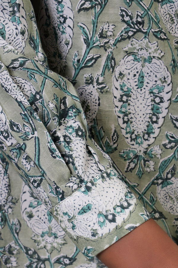 Folksong Tea Green Cotton Straight-Fit Floral Hand Block Printed Top