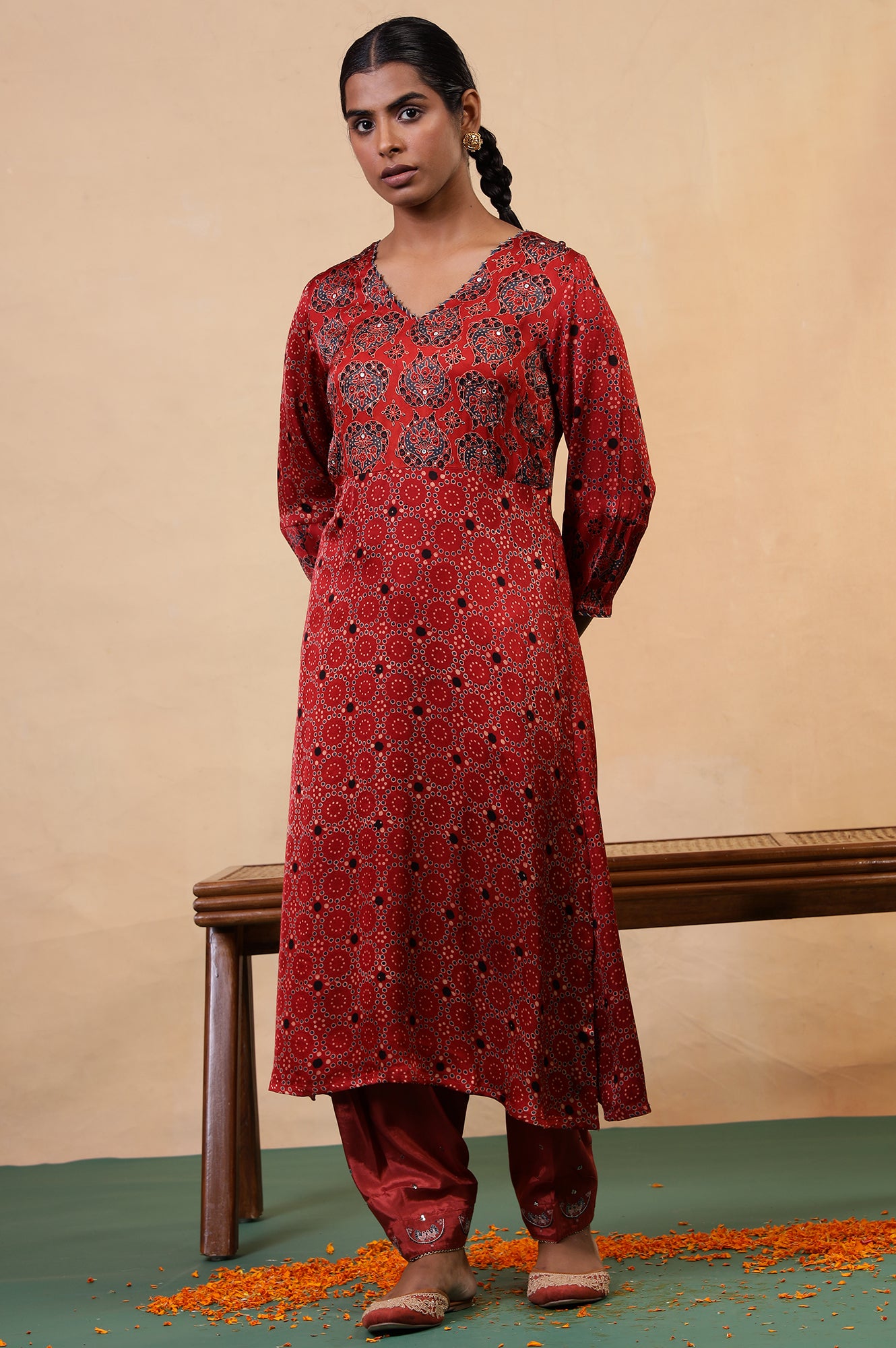 Folksong Brick Red Viscose Regular-Fit Ethnic Motif Salwar