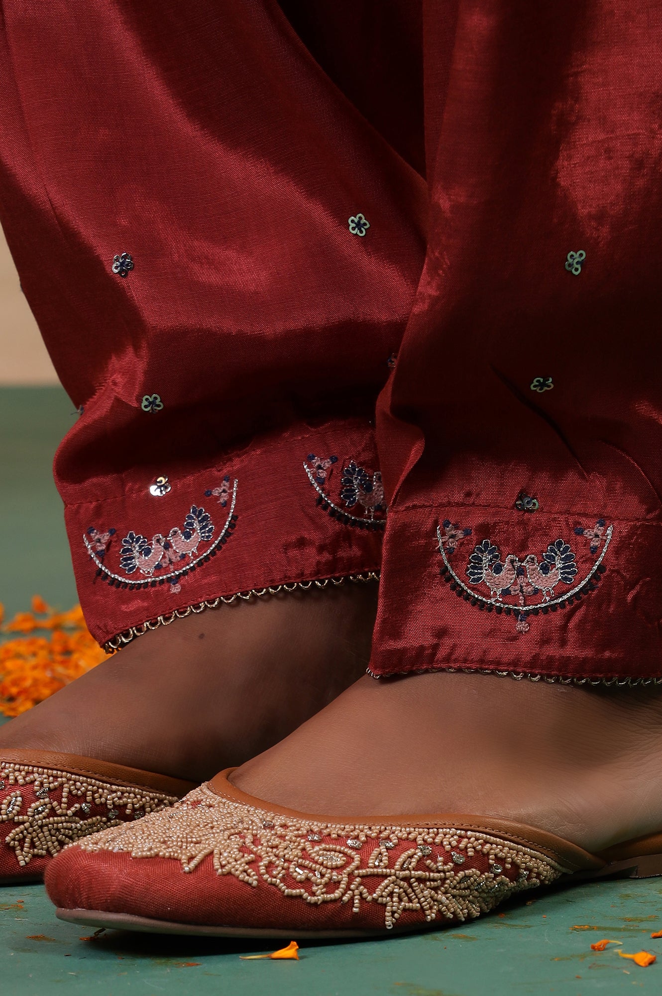 Folksong Brick Red Viscose Regular-Fit Ethnic Motif Salwar