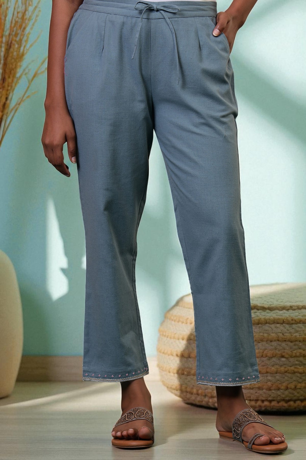 Folksong Stone Blue Solid Stone Embellished Cotton Blend Straight Pyjamas - M