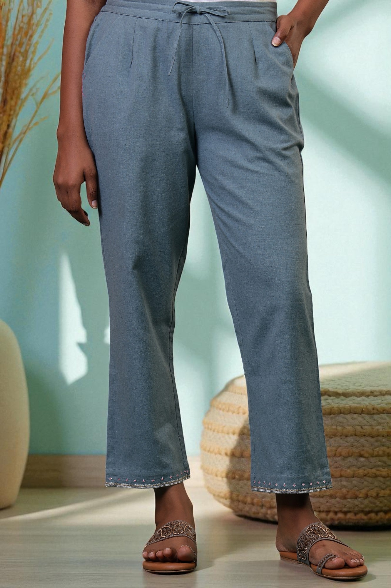 Folksong Stone Blue Solid Stone Embellished Cotton Blend Straight Pyjamas