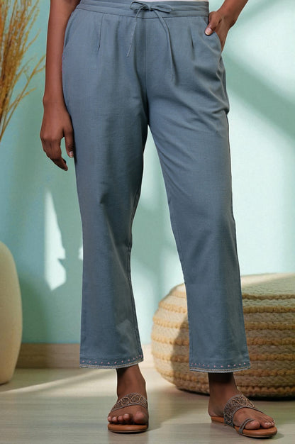 Folksong Stone Blue Solid Stone Embellished Cotton Blend Straight Pyjamas