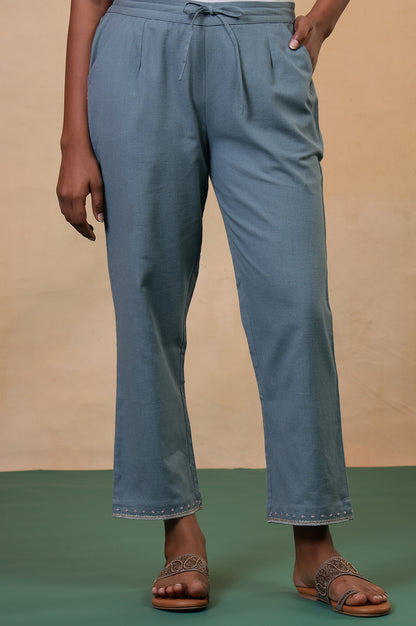 Folksong Stone Blue Solid Stone Embellished Cotton Blend Straight Pyjamas