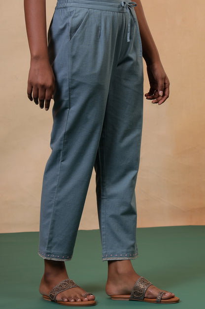 Folksong Stone Blue Solid Stone Embellished Cotton Blend Straight Pyjamas