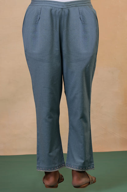 Folksong Stone Blue Solid Stone Embellished Cotton Blend Straight Pyjamas