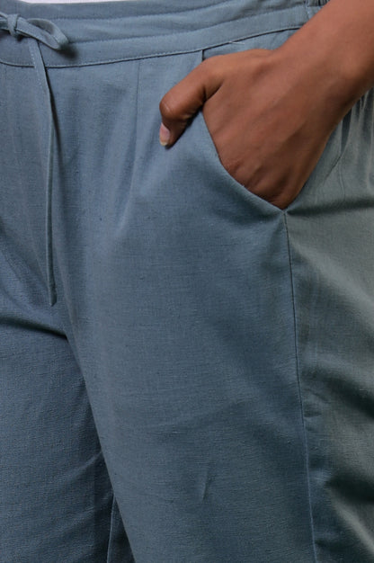 Folksong Stone Blue Solid Stone Embellished Cotton Blend Straight Pyjamas