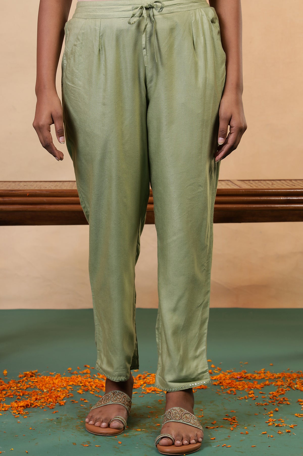 Folksong Tea Green Solid Mirror Work Viscose Blend Straight Pyjamas - S