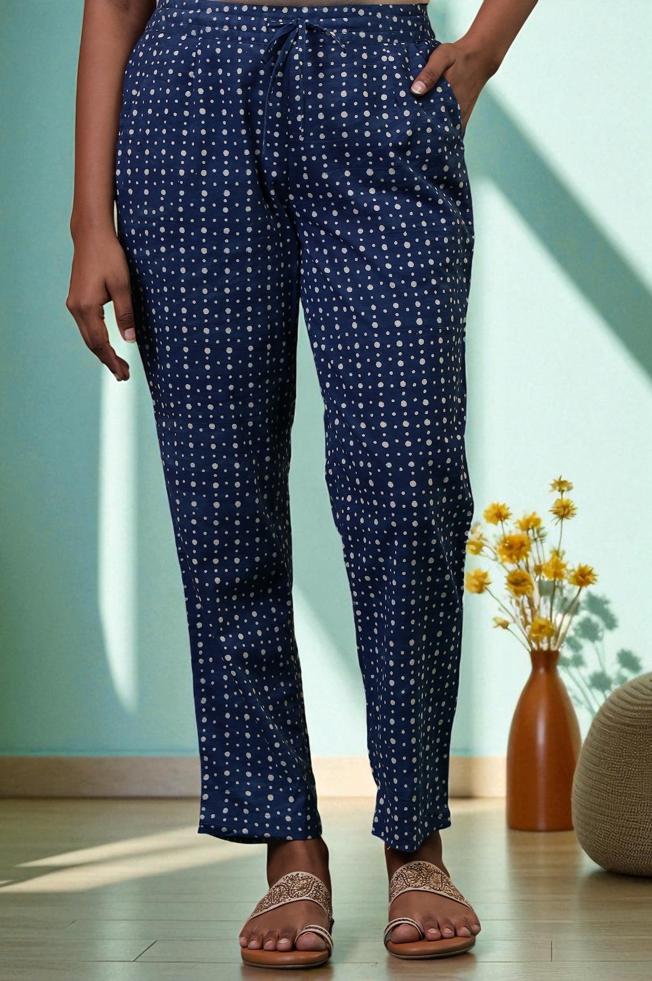 Folksong Indigo Polka Dot Hand Block Printed Cotton Straight Pyjamas