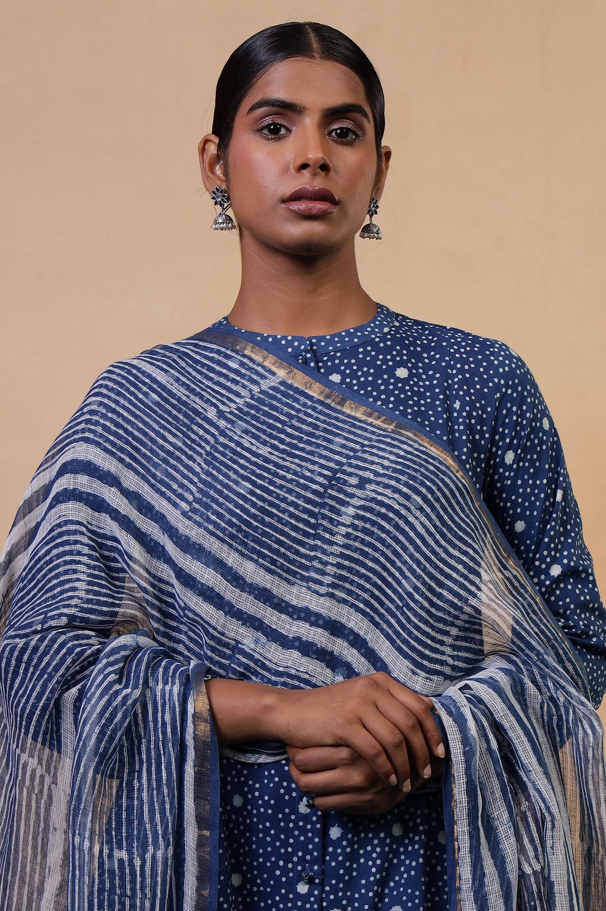 Navy Blue Zari Striped Cotton Silk Kota Dupatta