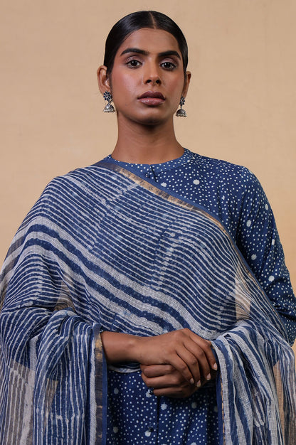 Navy Blue Zari Striped Cotton Silk Kota Dupatta