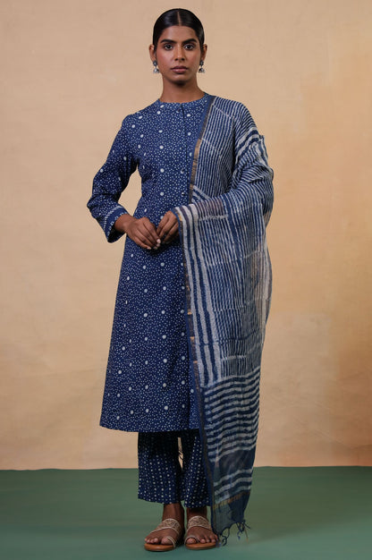 Navy Blue Zari Striped Cotton Silk Kota Dupatta