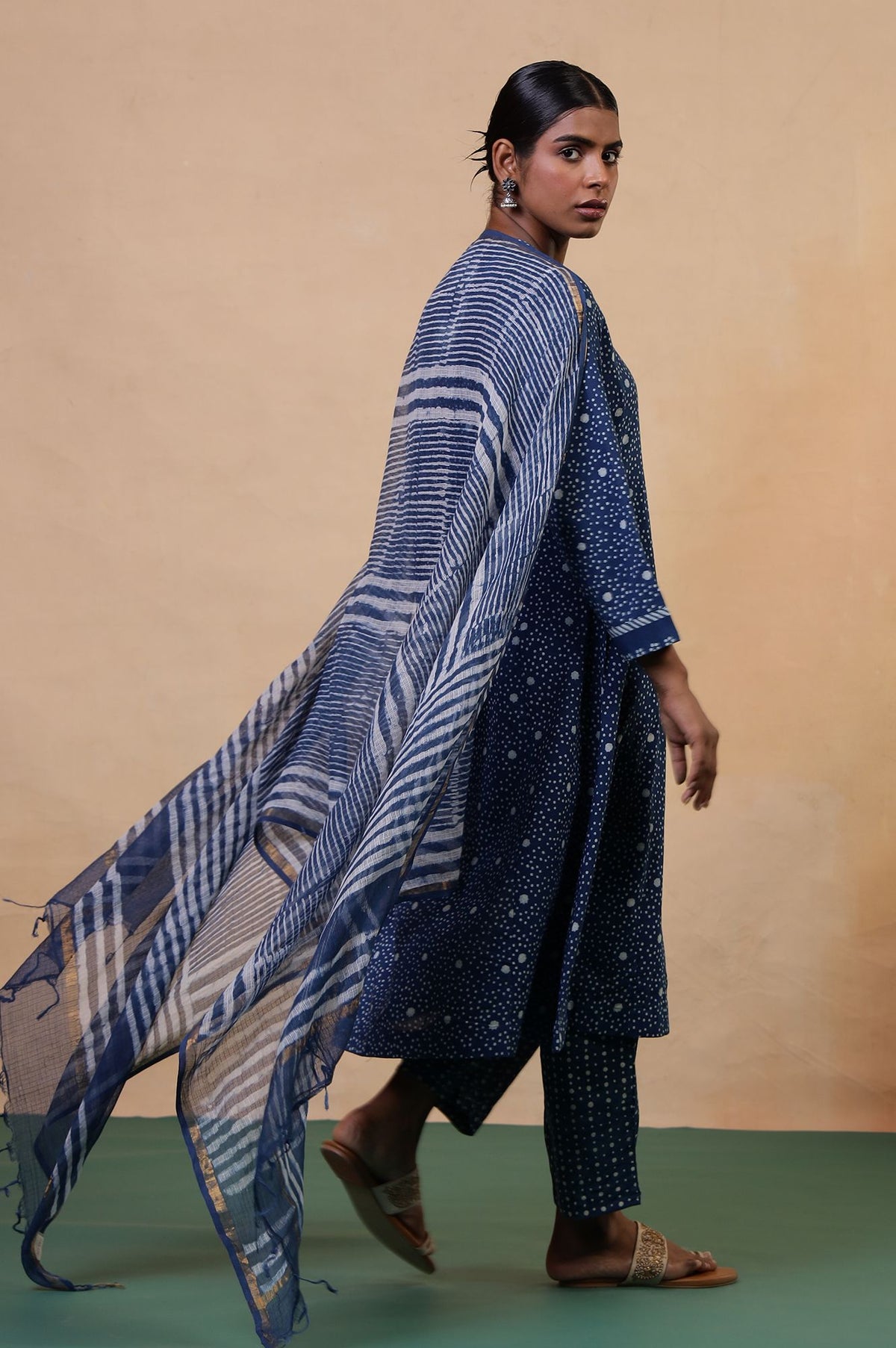 Navy Blue Zari Striped Cotton Silk Kota Dupatta