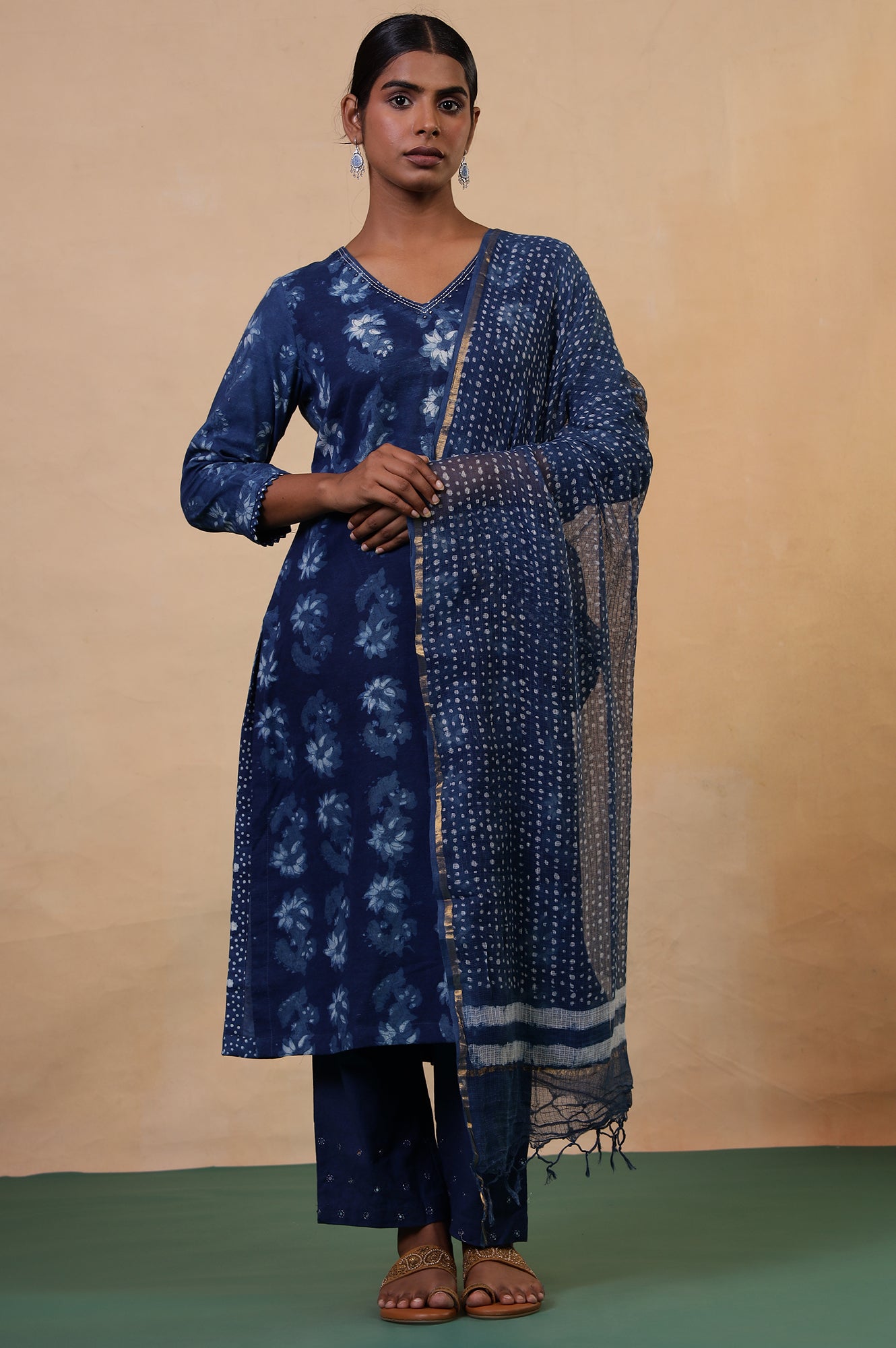 Indigo Cotton-Silk Hand Block Printed Polka Dot Dupatta