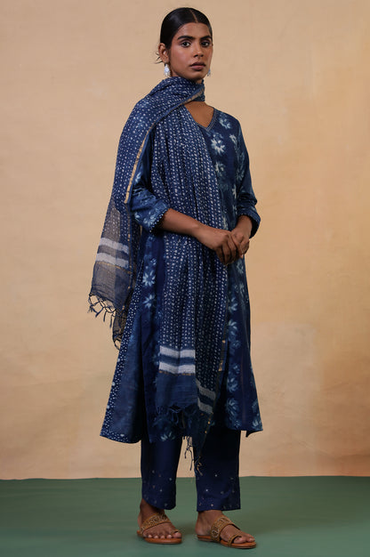 Indigo Cotton-Silk Hand Block Printed Polka Dot Dupatta