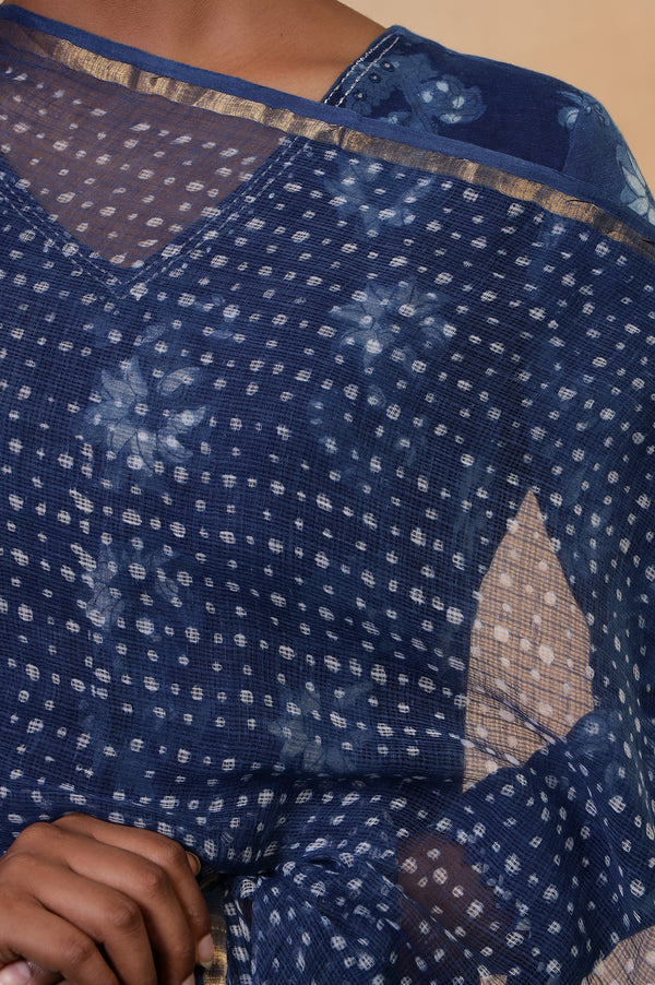 Indigo Cotton-Silk Hand Block Printed Polka Dot Dupatta