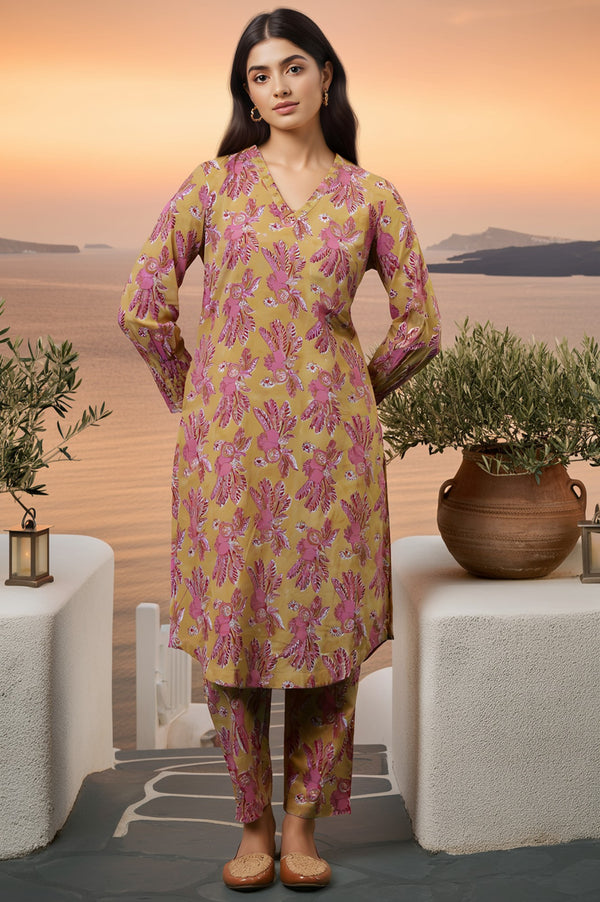Apple Yellow Hand Block Printed Cotton Kurta and Pants Co-ord Set