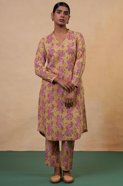 Apple Yellow Hand Block Printed Cotton Kurta and Pants Co-ord Set