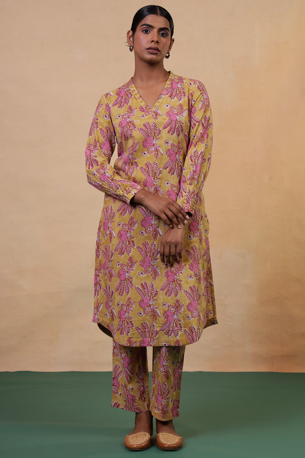 Apple Yellow Hand Block Printed Cotton Kurta and Pants Co-ord Set