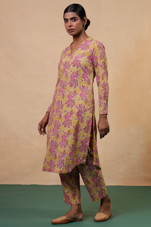 Apple Yellow Hand Block Printed Cotton Kurta and Pants Co-ord Set