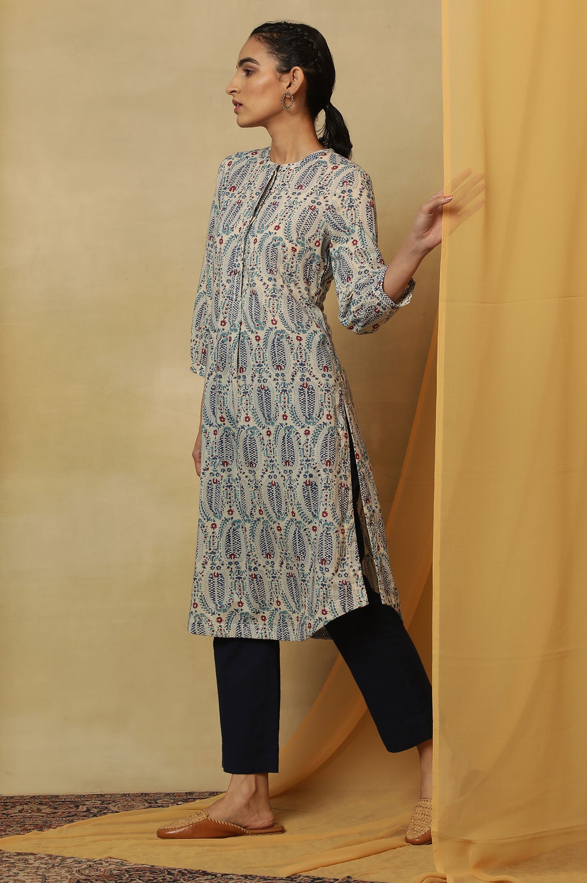 Ecru Paisley Hand Block Printed Cotton Kurta - XS