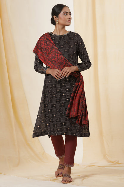 Black Printed Modal Sain Kurta With Neck Embroidery