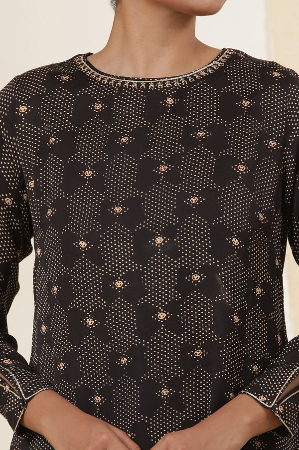 Black Printed Modal Sain Kurta With Neck Embroidery