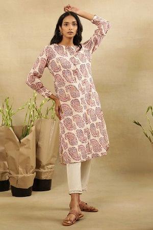 Ecru Hand Block Paisley Print Kurta  In Cotton Slub