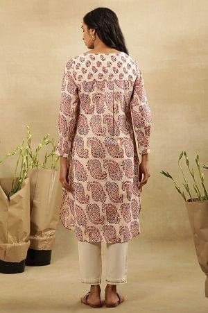 Ecru Hand Block Paisley Print Kurta  In Cotton Slub