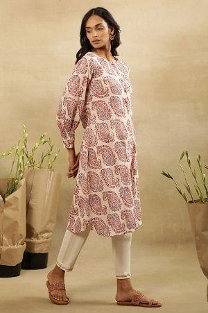 Ecru Hand Block Paisley Print Kurta  In Cotton Slub