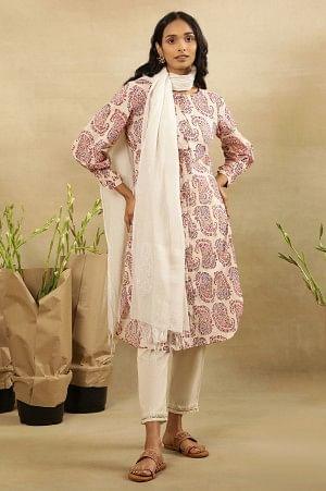 Ecru Hand Block Paisley Print Kurta  In Cotton Slub