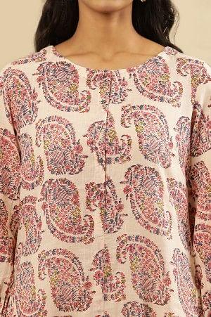 Ecru Hand Block Paisley Print Kurta  In Cotton Slub
