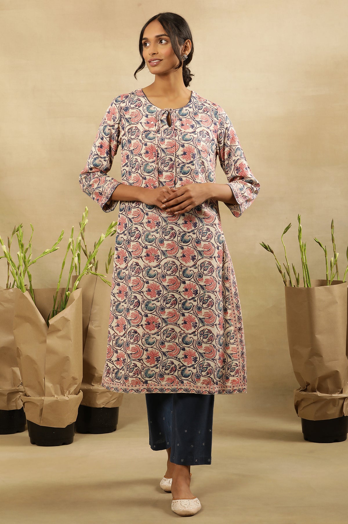 Floral Hand Block Print Kurta In Rayon Flax - XS