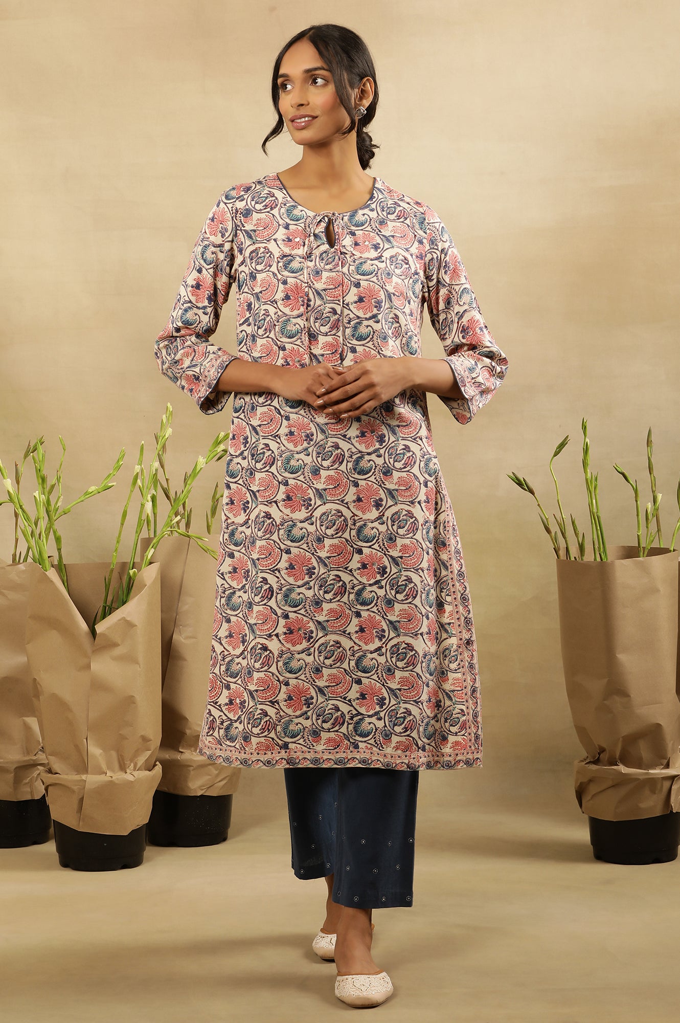 Floral Hand Block Print Kurta In Rayon Flax