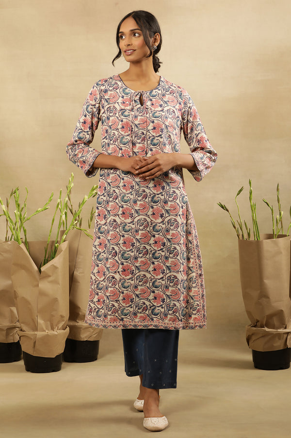 Floral Hand Block Print Kurta In Rayon Flax