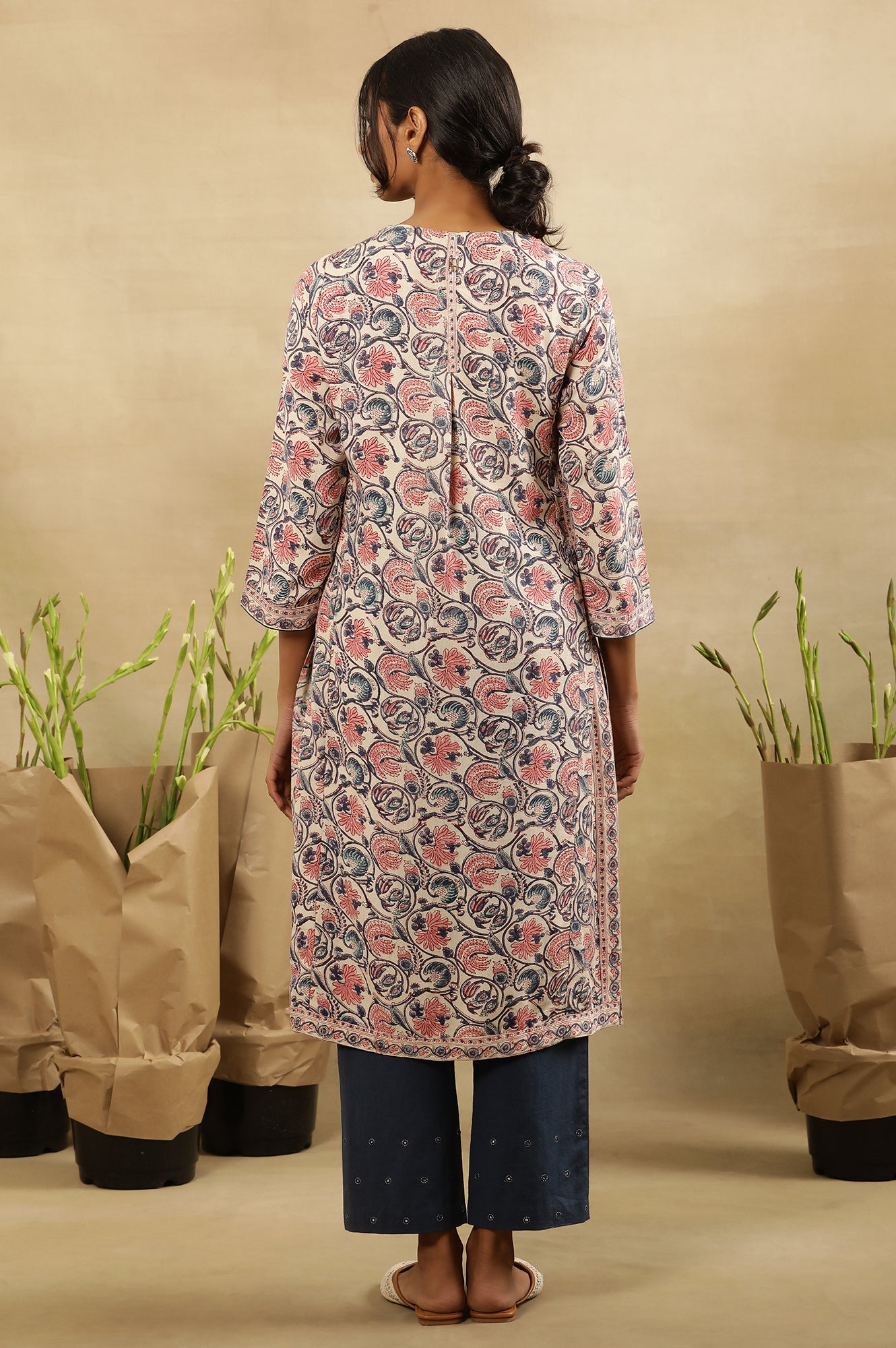 Floral Hand Block Print Kurta In Rayon Flax