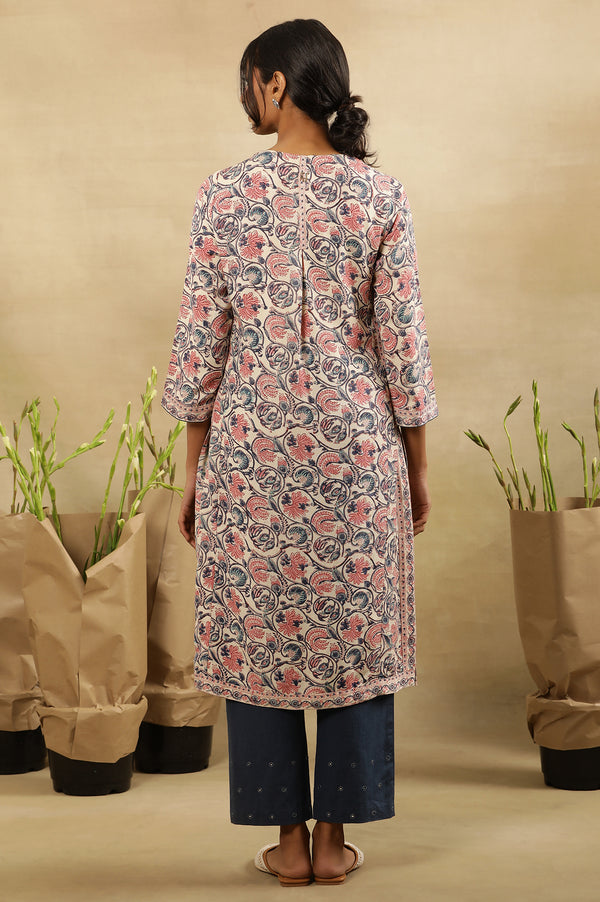 Floral Hand Block Print Kurta In Rayon Flax