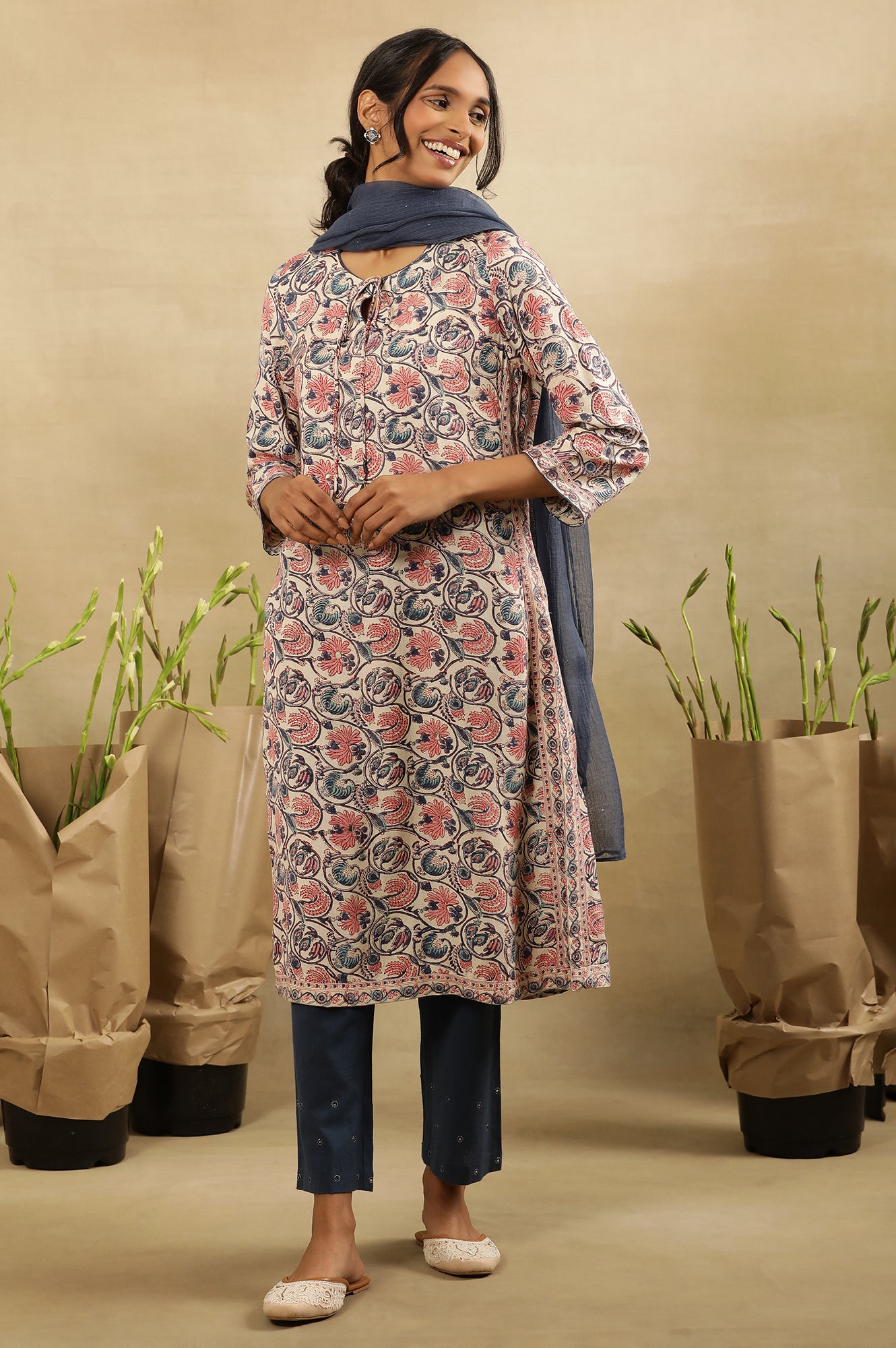 Floral Hand Block Print Kurta In Rayon Flax
