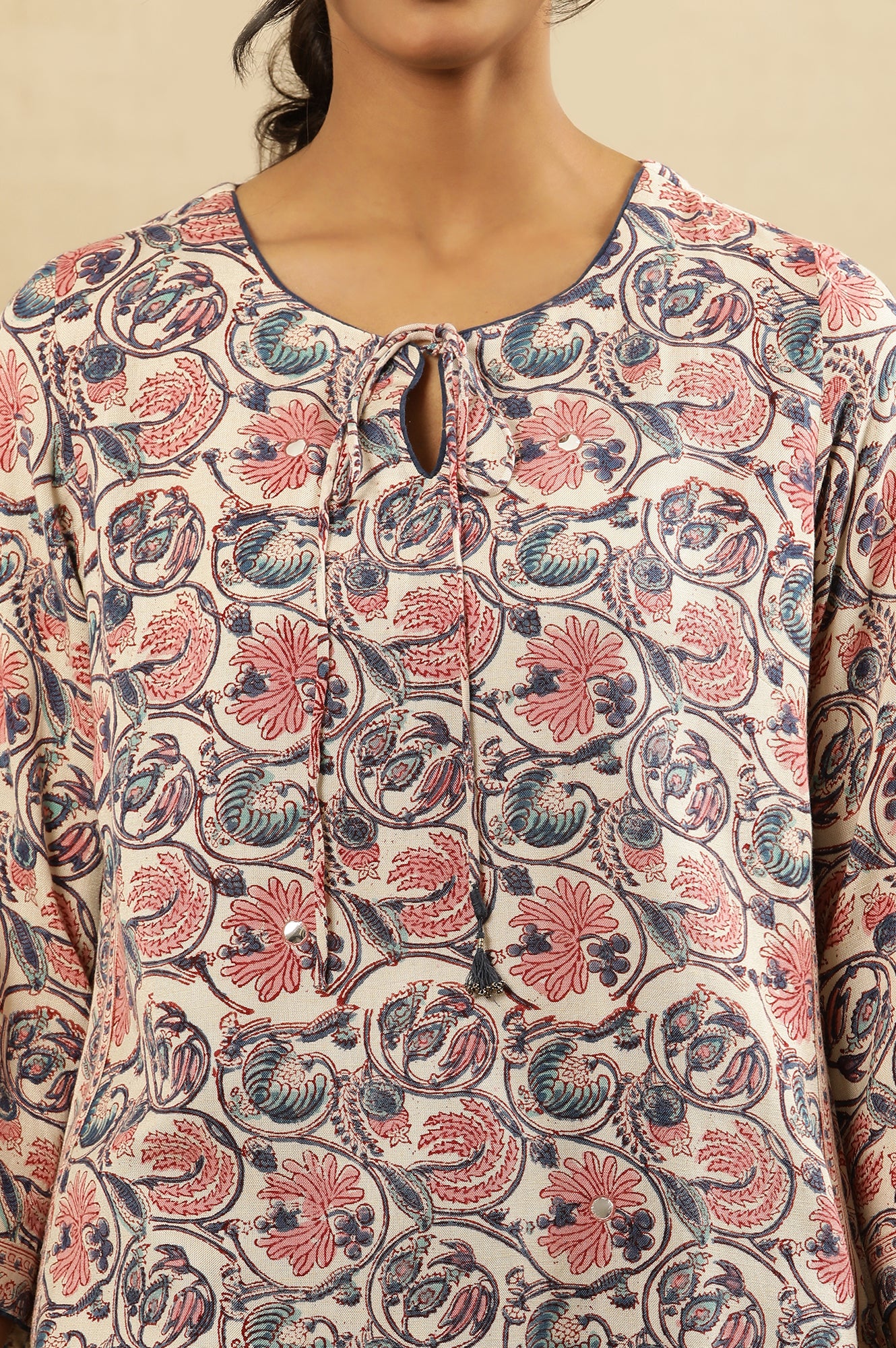 Floral Hand Block Print Kurta In Rayon Flax