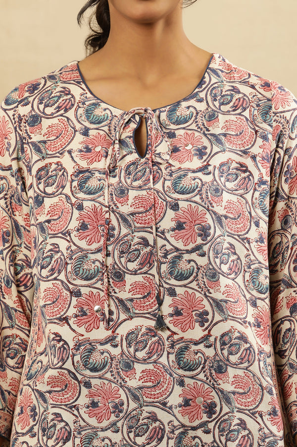 Floral Hand Block Print Kurta In Rayon Flax